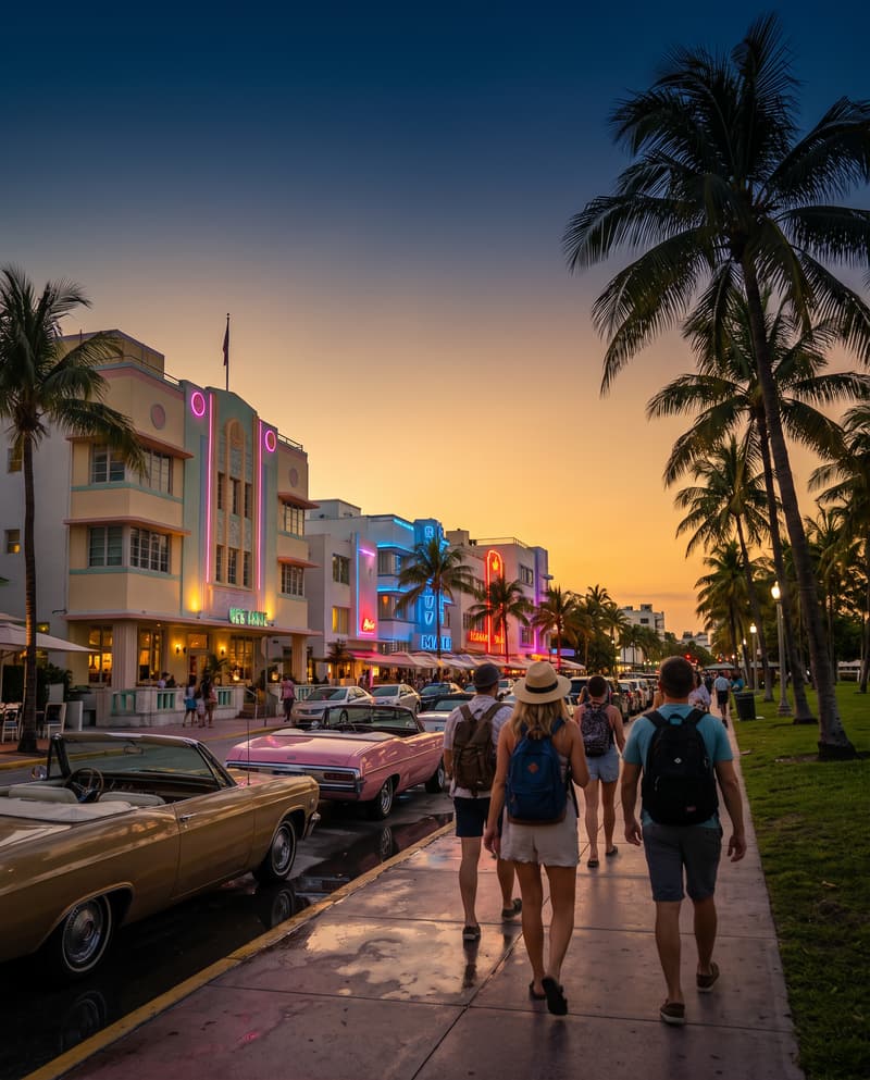 Ocean Drive ao anoitecer, com prédios art déco e palmeiras