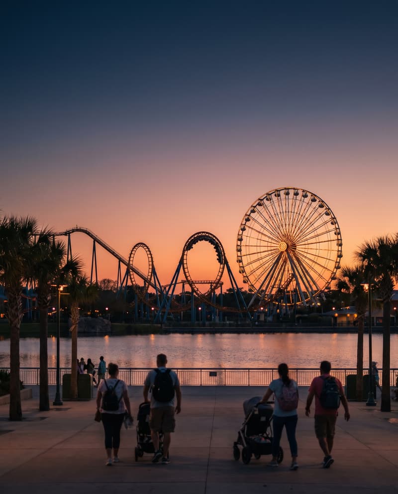 Parque de diversões na Flórida ao pôr do sol, com montanha russa e roda gigante